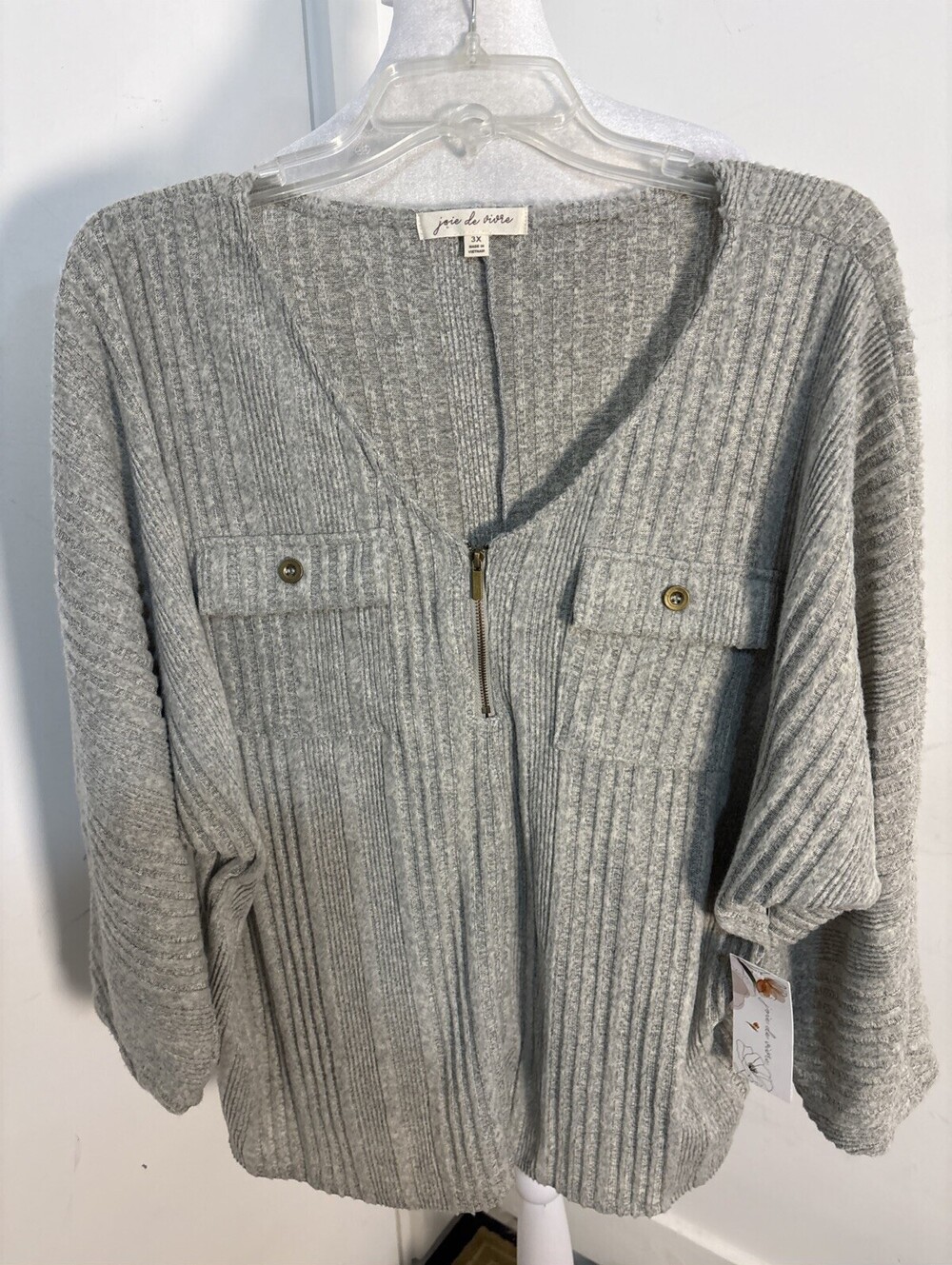 NWT Joie De Vivre Women's Plus 3X Gray Ribbed Knit 1/4 Zip Top Pocket Sweater